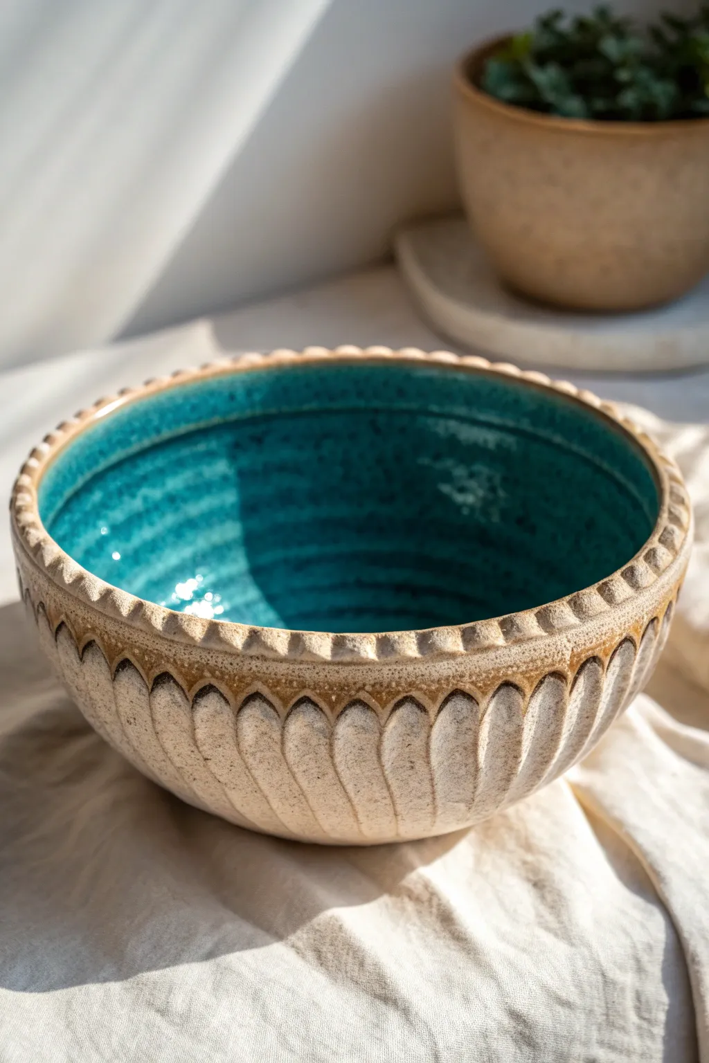 Fluted coil bowl with finger-pinched waves and visible coil rings, simple and stunning for beginners