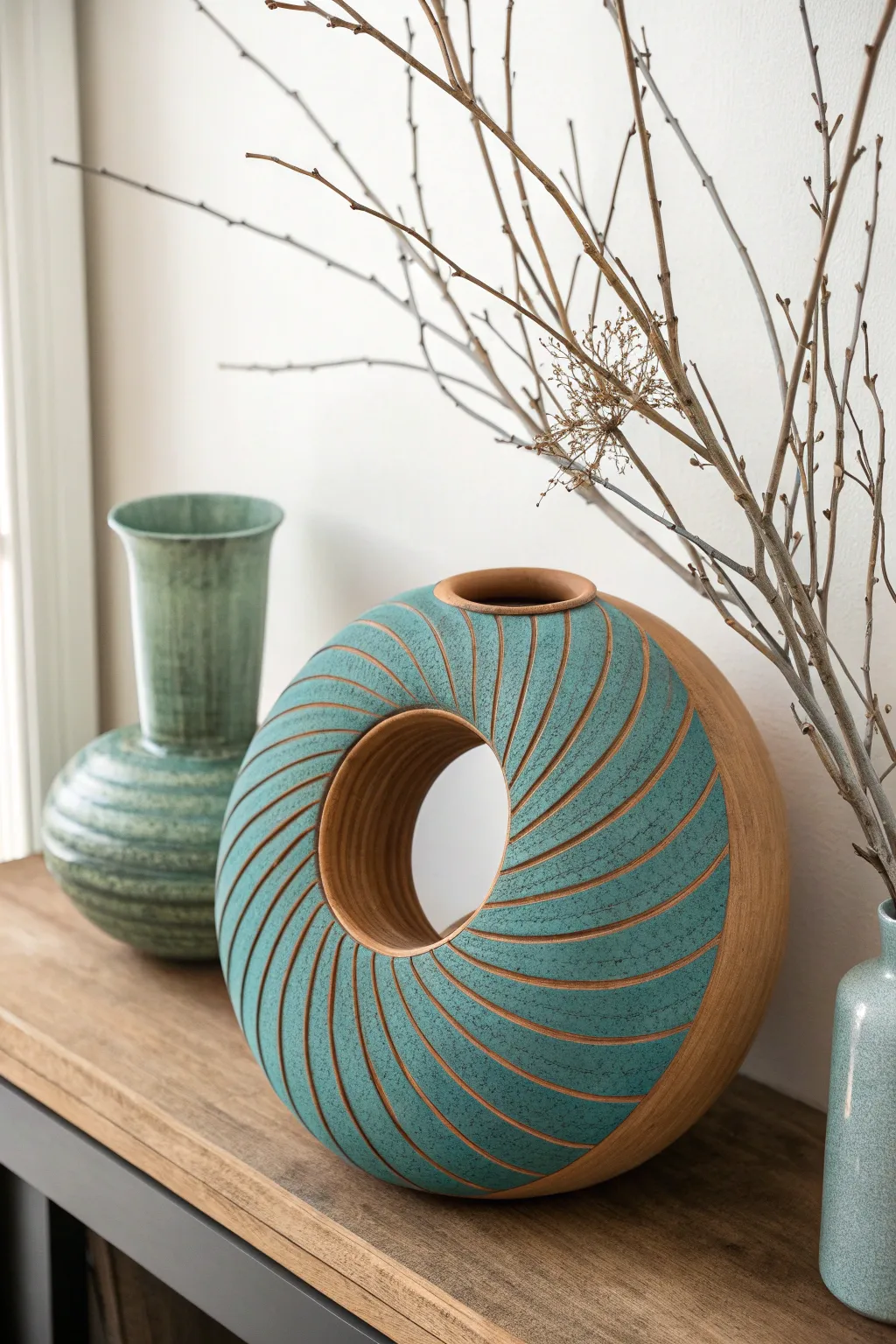 Sculptural donut coil vase with bold terracotta texture and a single dried branch, minimalist boho.