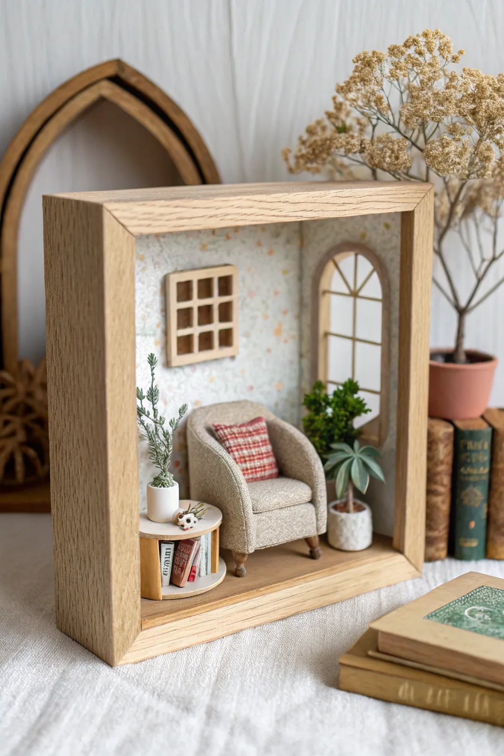Minimal shadowbox scene in cold porcelain, cozy nook vibes with bold boho colors and clean lines