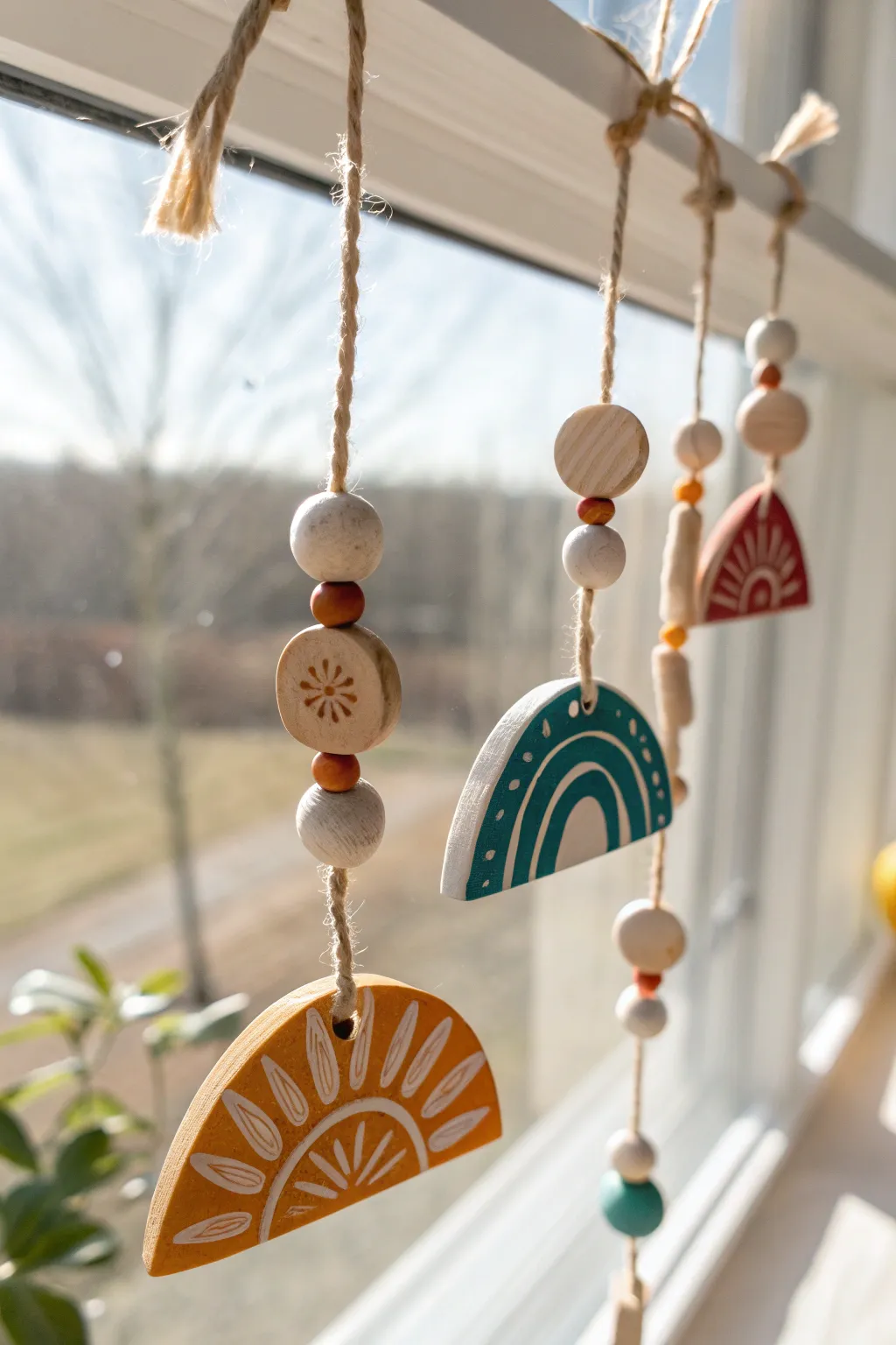 Warm neutral clay suncatcher garland by a sunny window, minimalist boho charm for any room