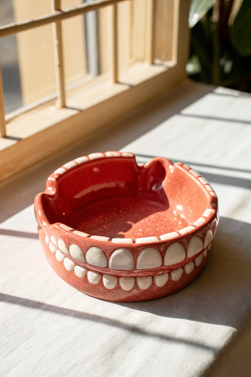 Playful monster-mouth ashtray in bold coral glaze, minimalist shape with cute teeth detail