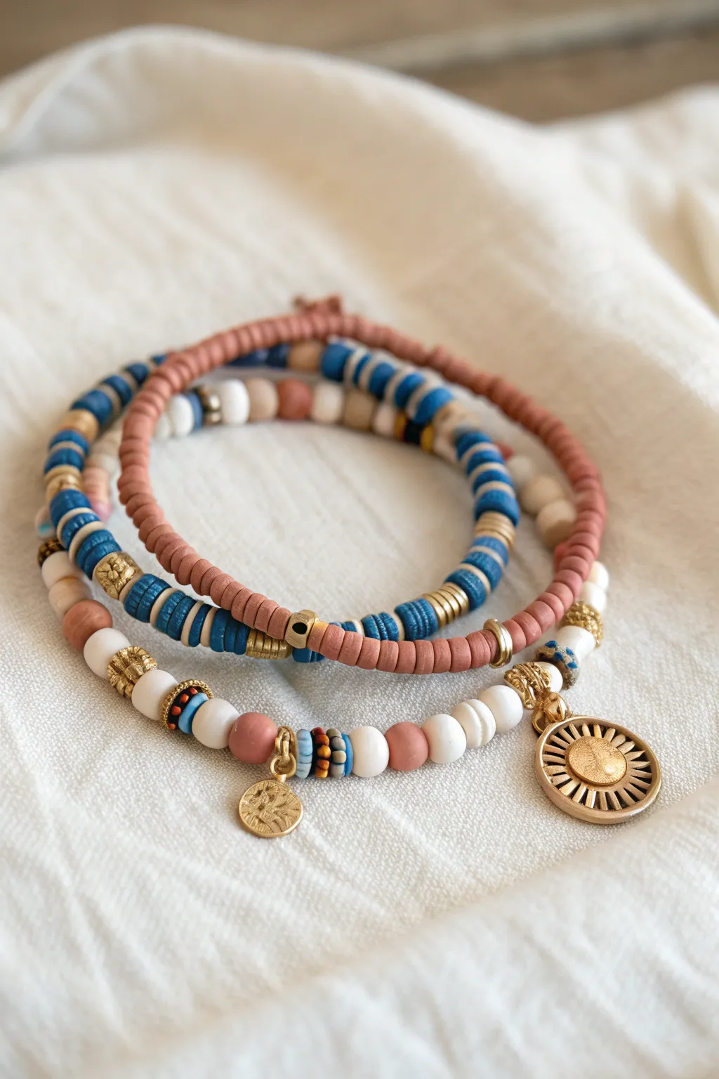 Mismatched but coordinated clay bead bracelet trio in bold Nordic-boho colors, clean and handmade.