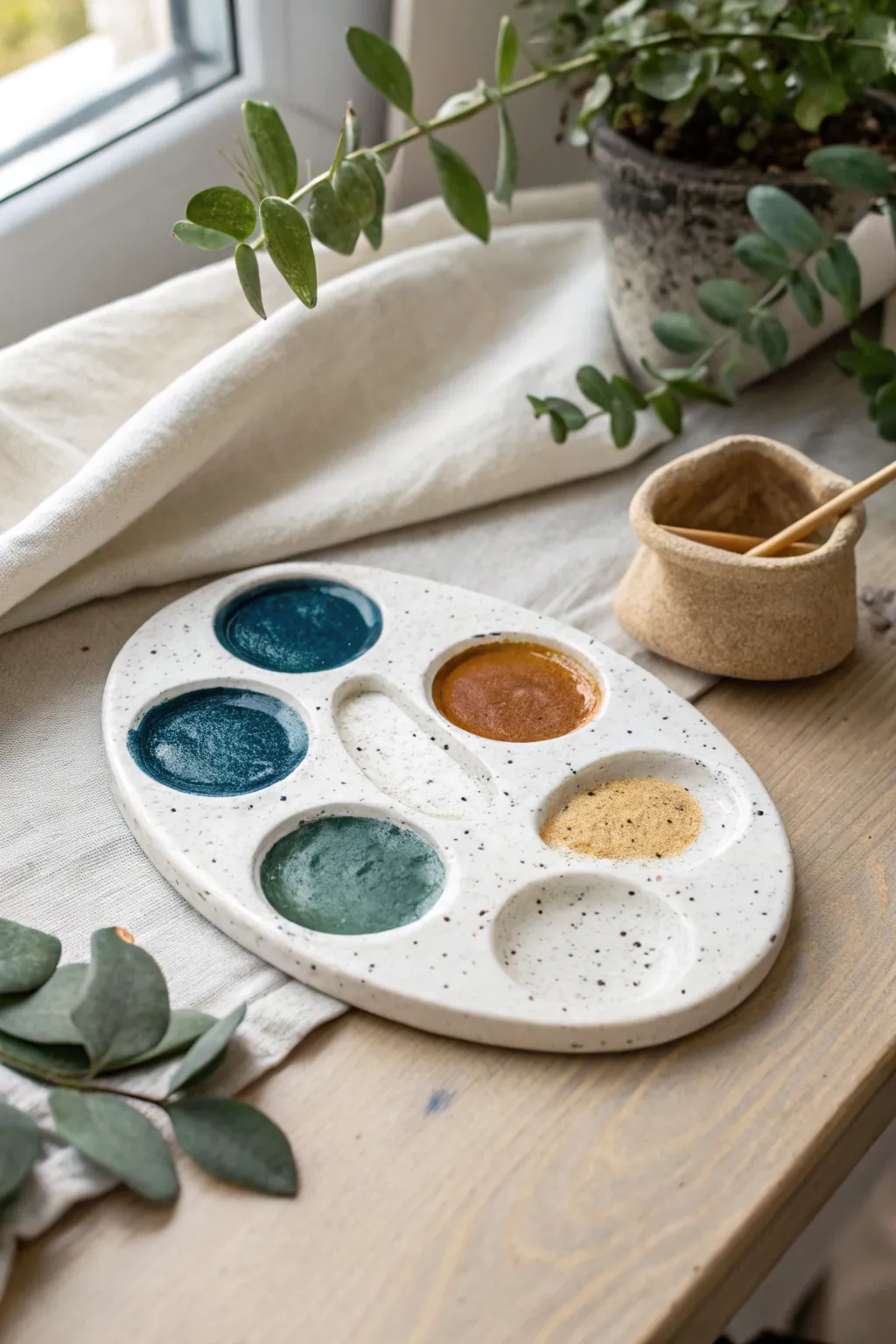 Cool clay idea: faux ceramic paint palette with finger dips for a chic, handmade art setup
