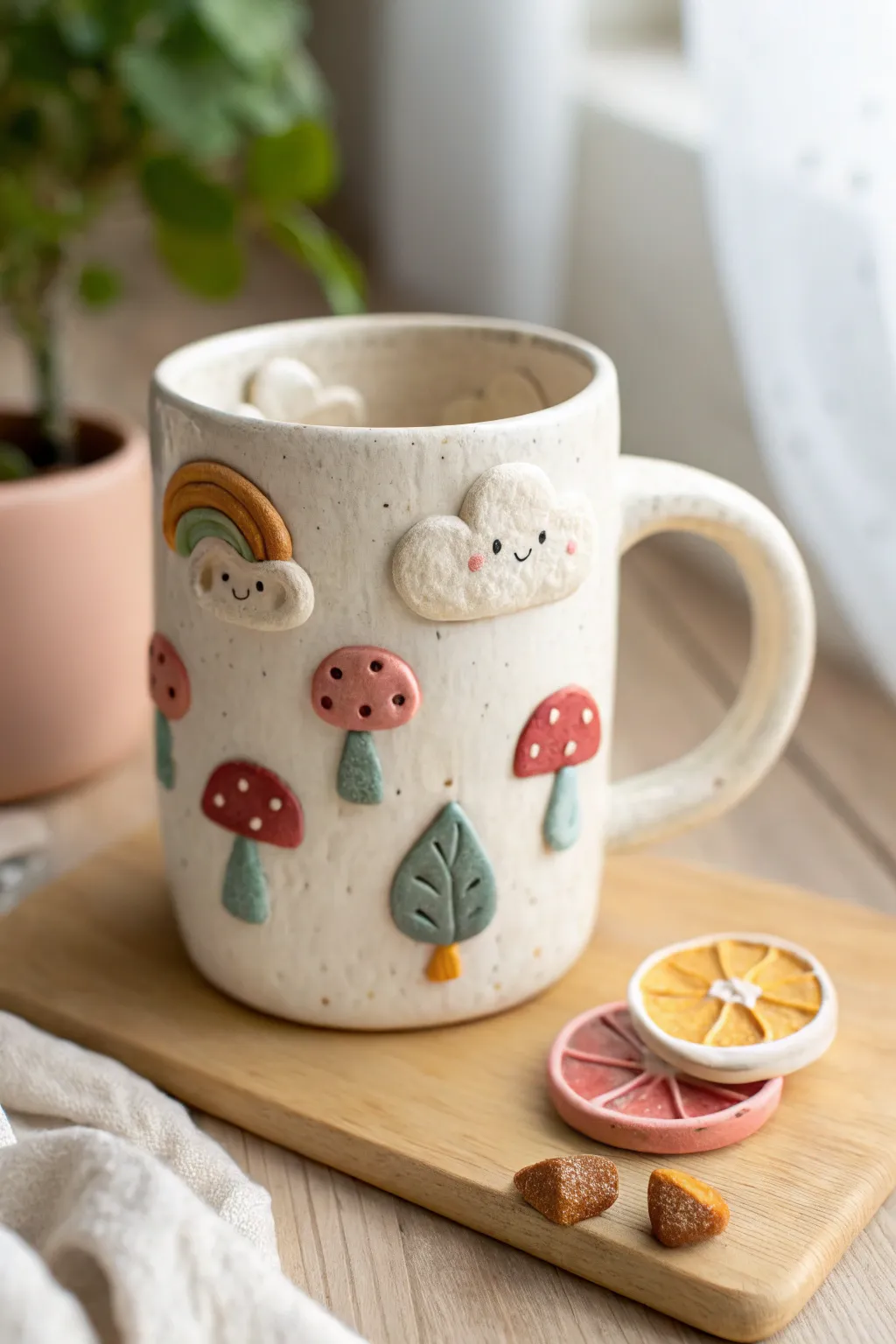 Whimsical charm-covered clay mug topped with mini mushrooms, clouds, and fruit in bold color