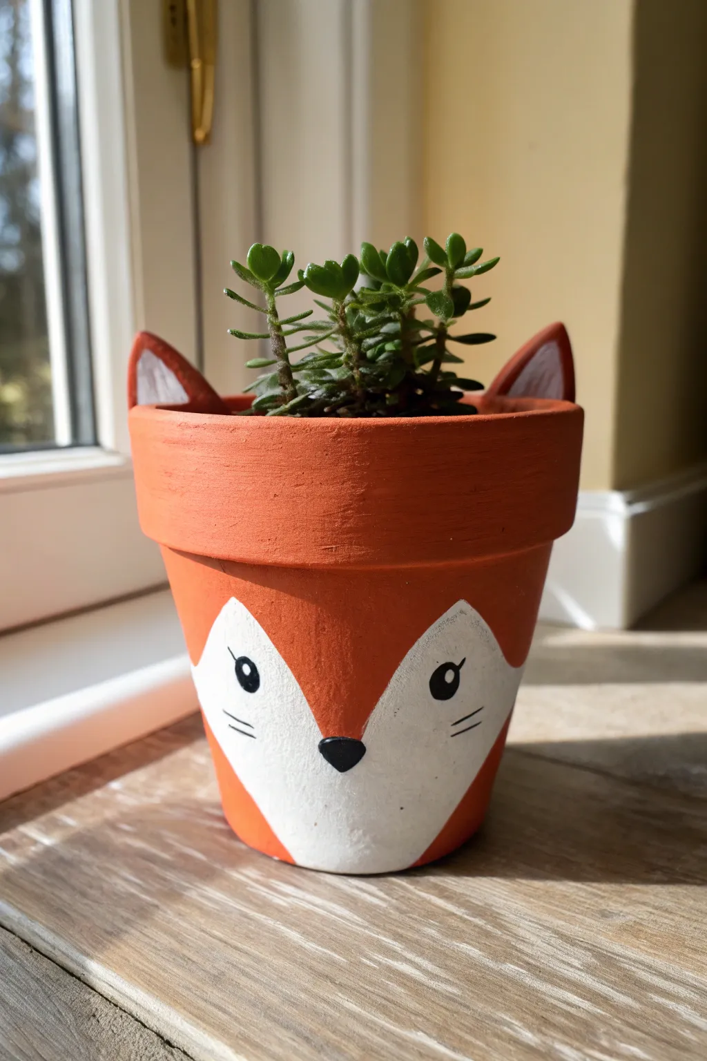 Minimal fox pot planter in bold terracotta and white, a cute beginner friendly clay idea.