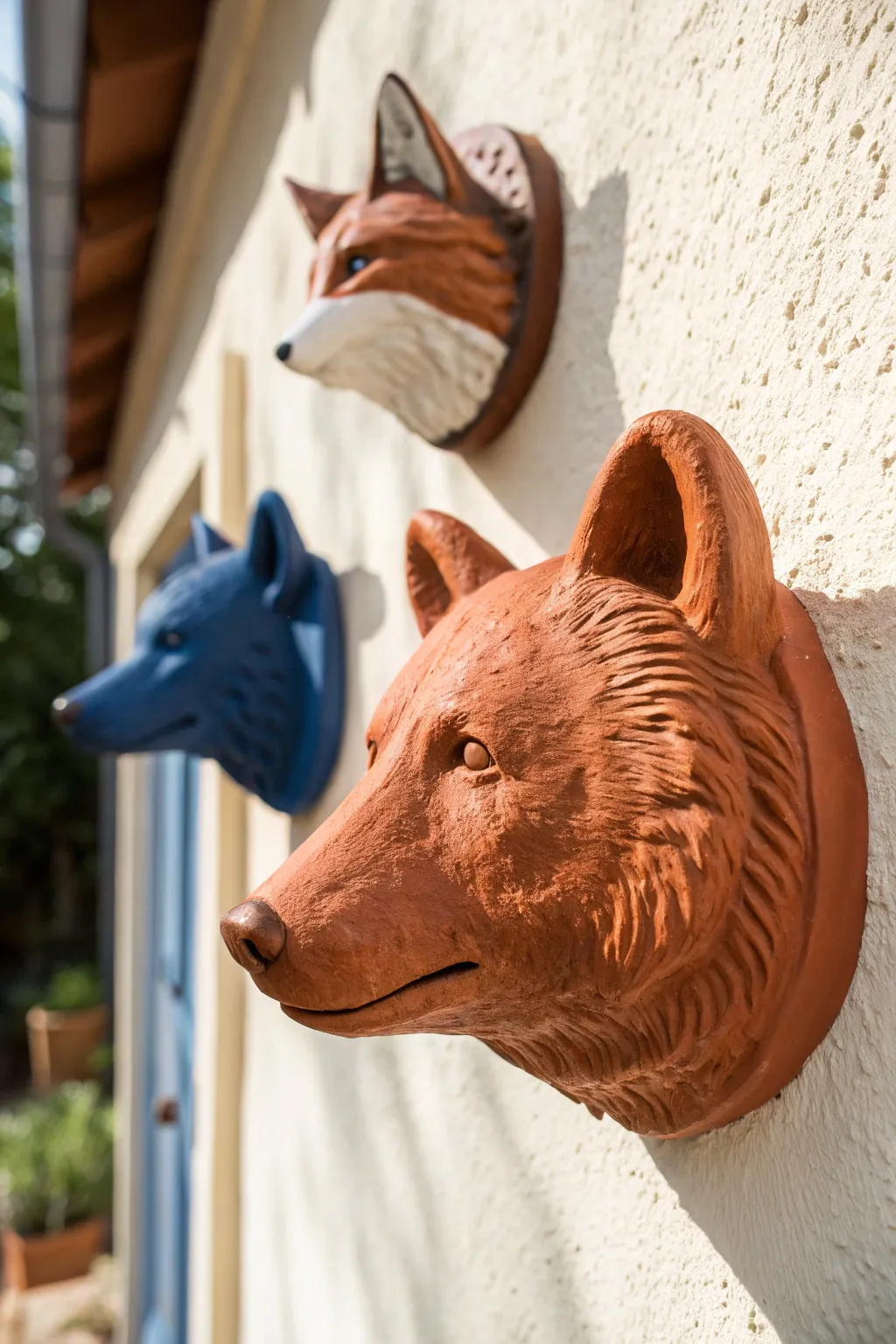 Whimsical clay animal head plaques in bold color blocks, minimalist wall decor with boho charm