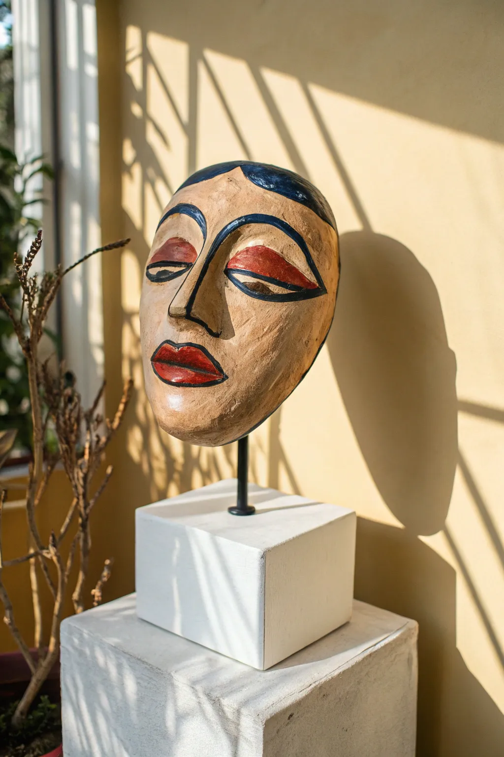 Bold clay mask sculpture with expressive features, matte texture, and striking minimalist contrast.