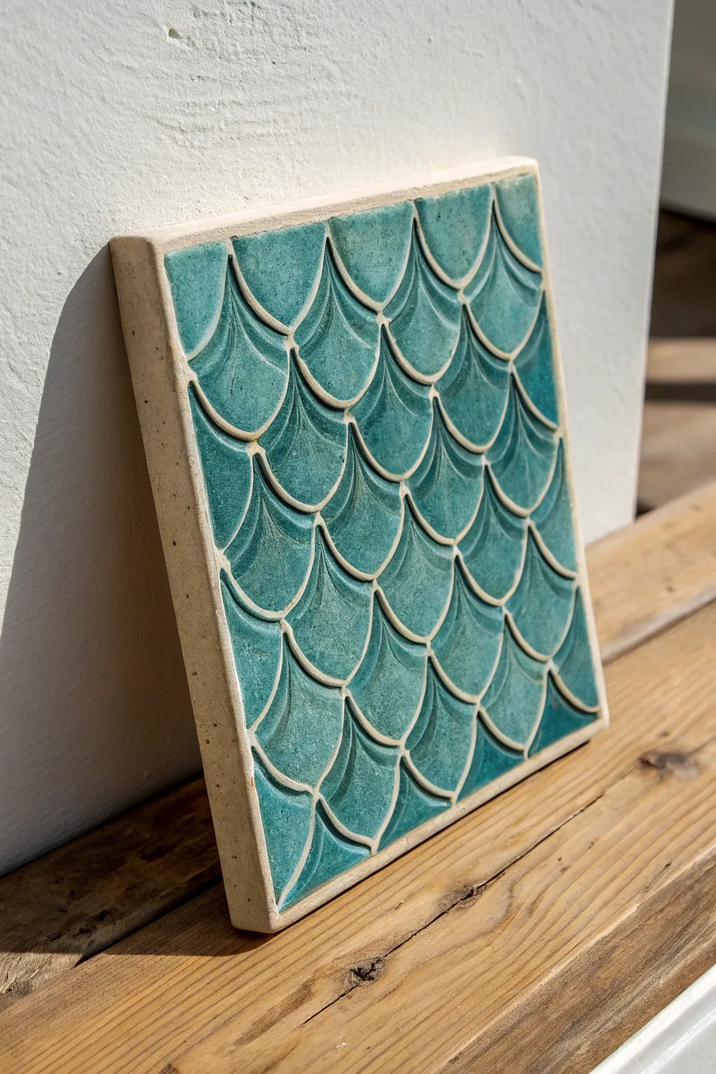 Easy mermaid tail relief tile with bold teal glaze and crisp texture, perfect for beginner clay art.