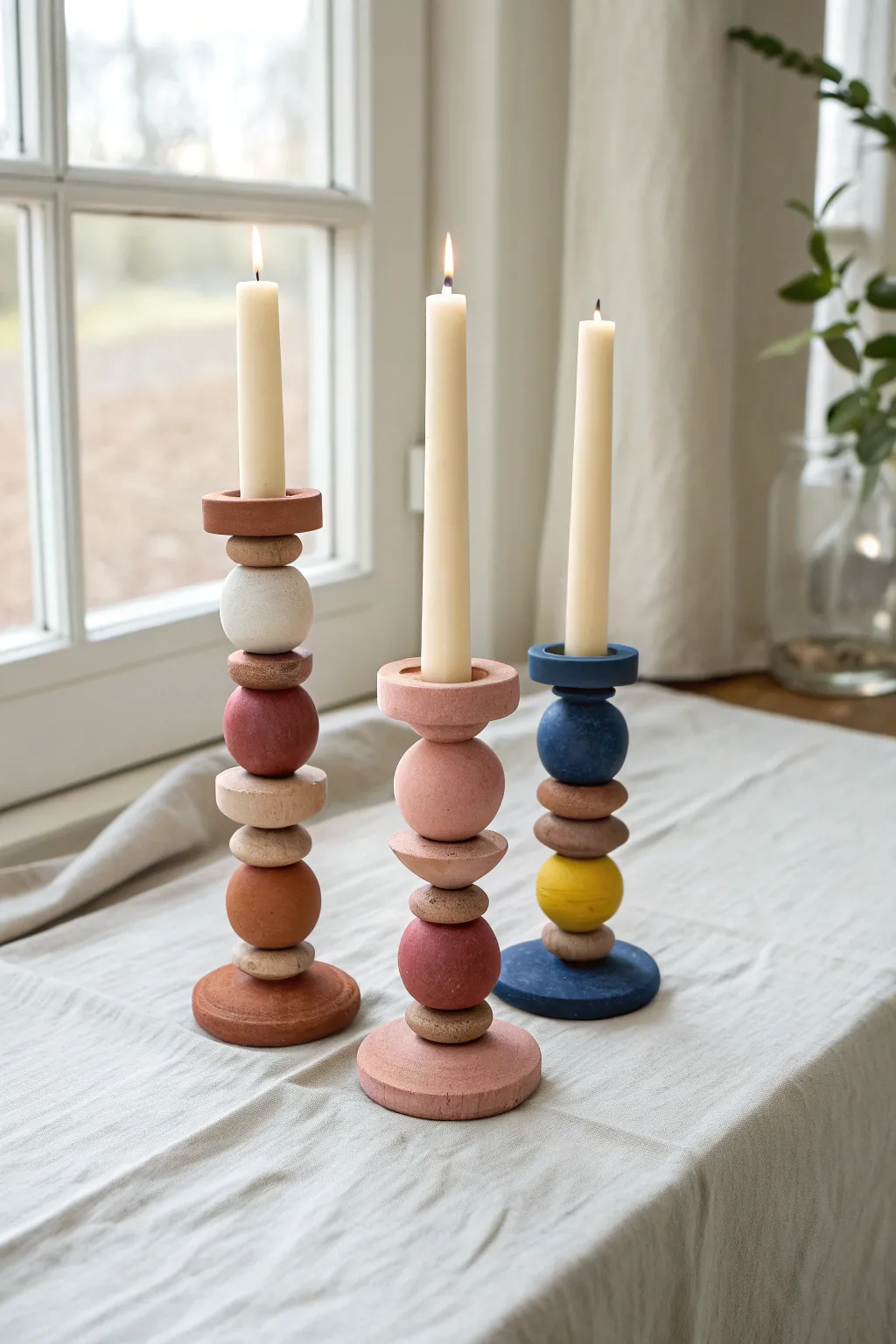 Mini clay candle holder totems in bold hues, simple stacked forms with cozy Scandinavian charm.