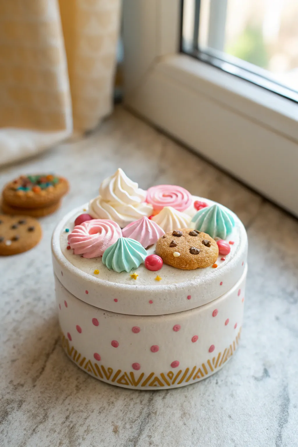 Decoden-inspired polymer clay trinket box topped with faux sweets in bold, minimalist style