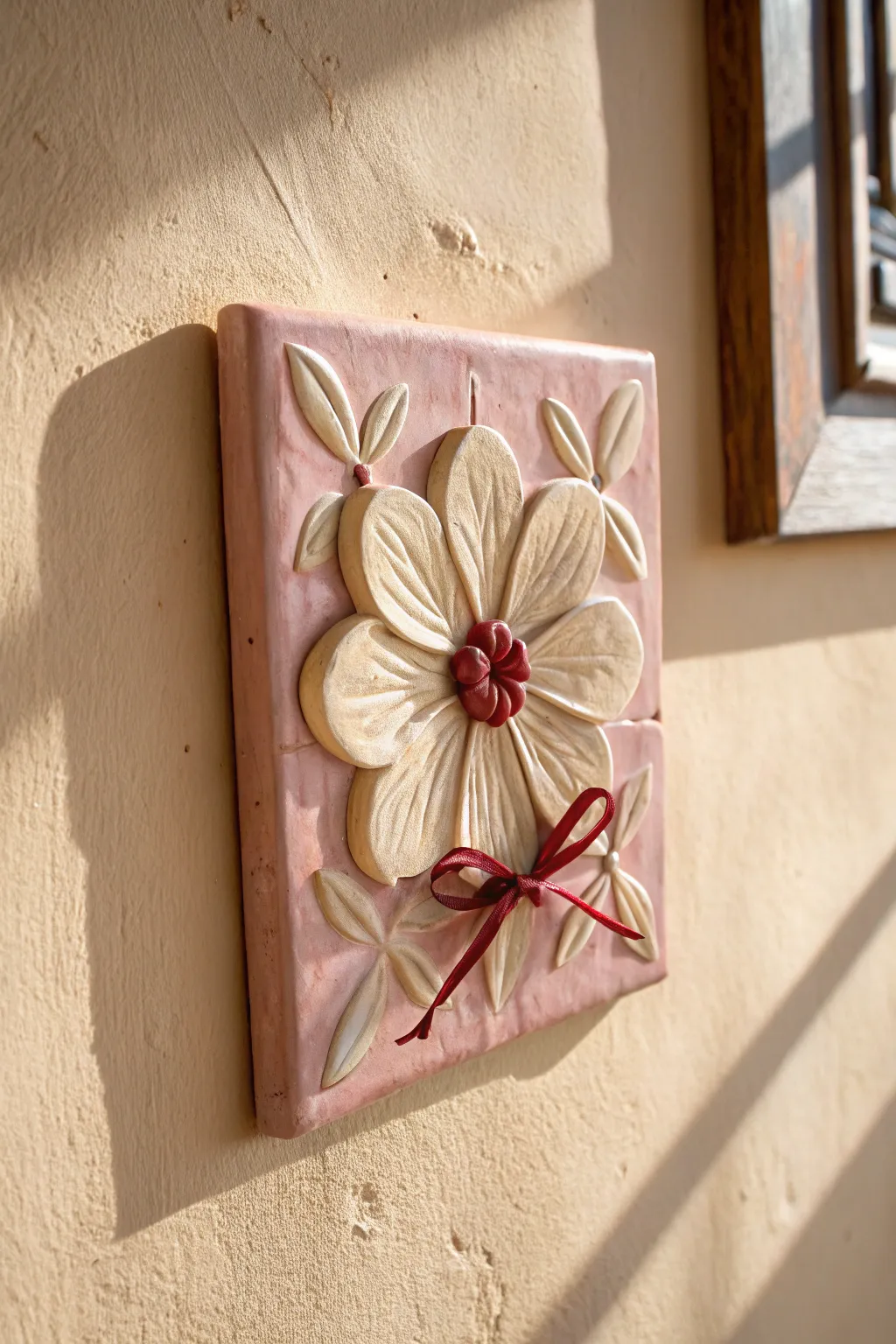 Blush coquette wall flower tile with tiny bow accents, minimalist and handmade charm.