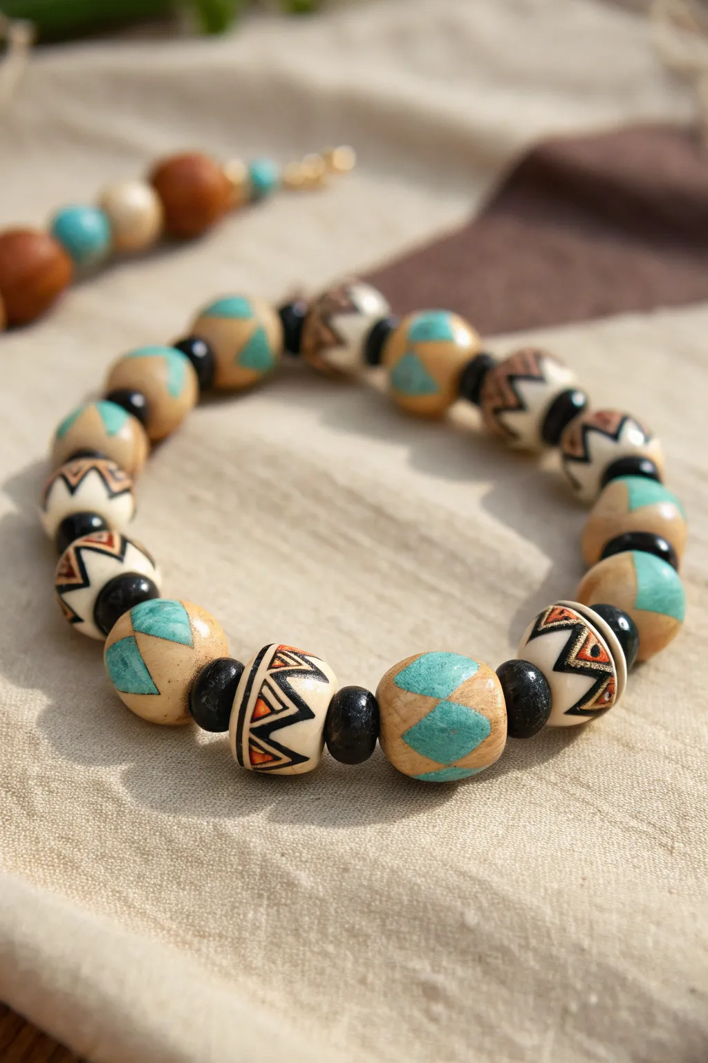 Bold southwestern triangles in clay bead discs, a country-inspired bracelet with modern minimal flair.