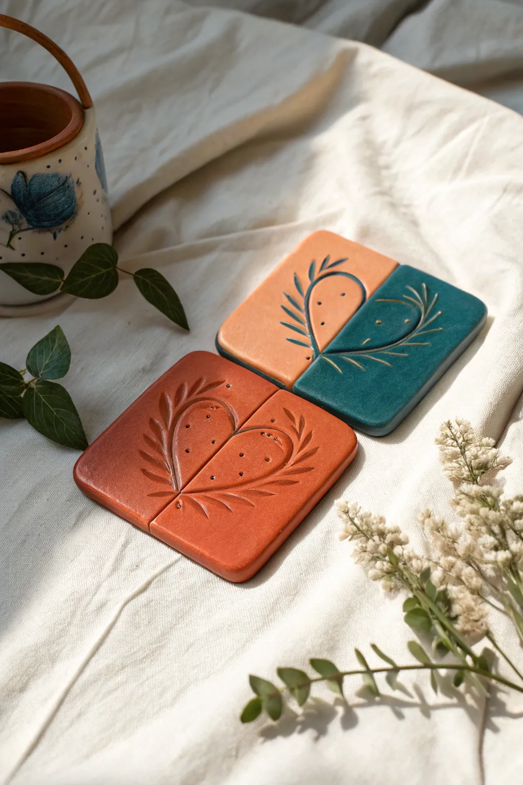 Two interlocking clay coasters that join into one heart, minimalist Scandinavian style with bold contrast