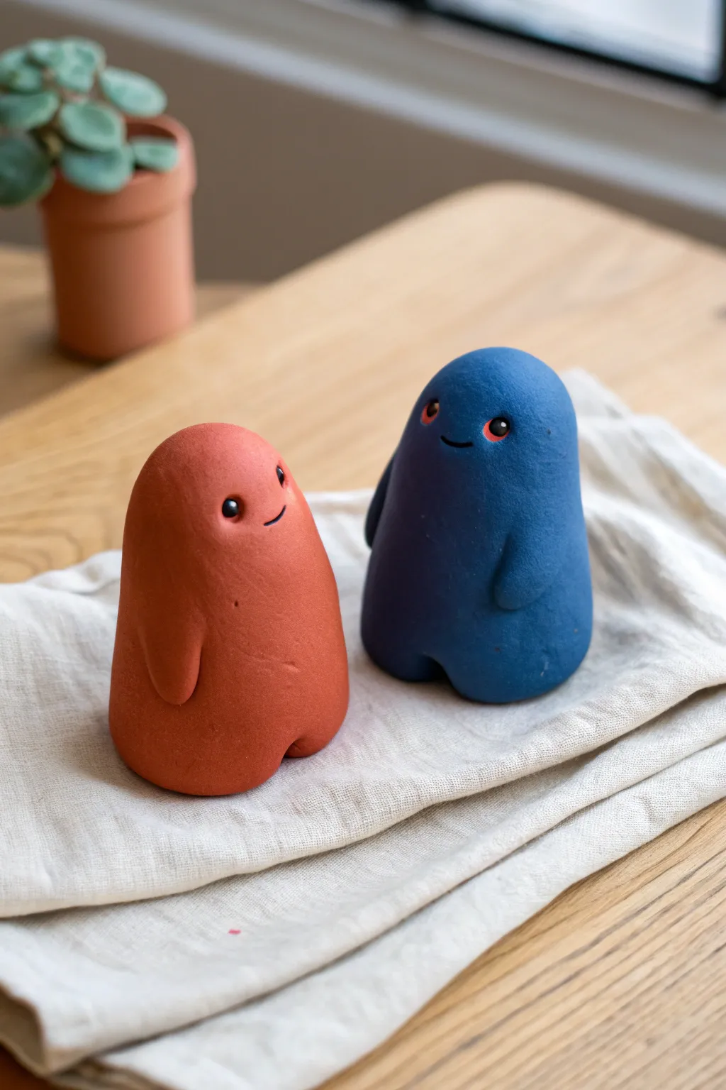One color each: two easy clay creatures, bold contrast, minimalist styling, and handmade charm.
