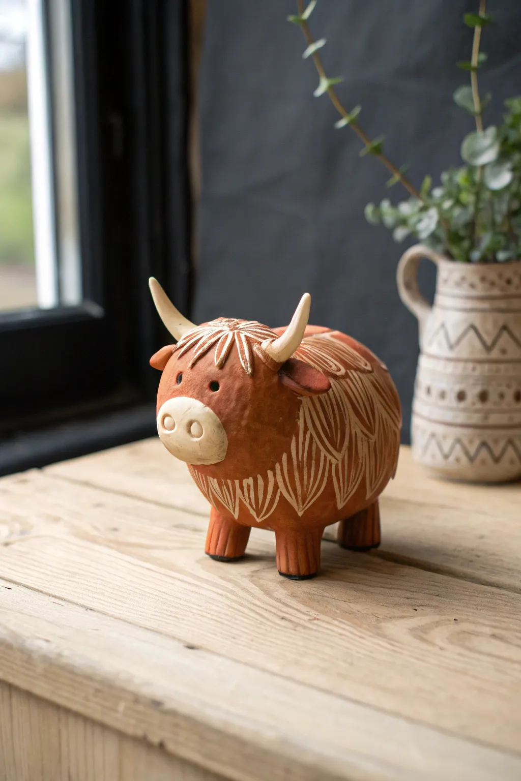Cozy highland cow clay sculpture in warm terracotta tones, minimalist boho photo styling.