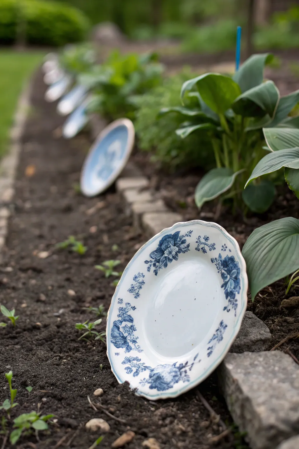 Turn chipped china into charming garden edging markers with bold patterns and cottage flair