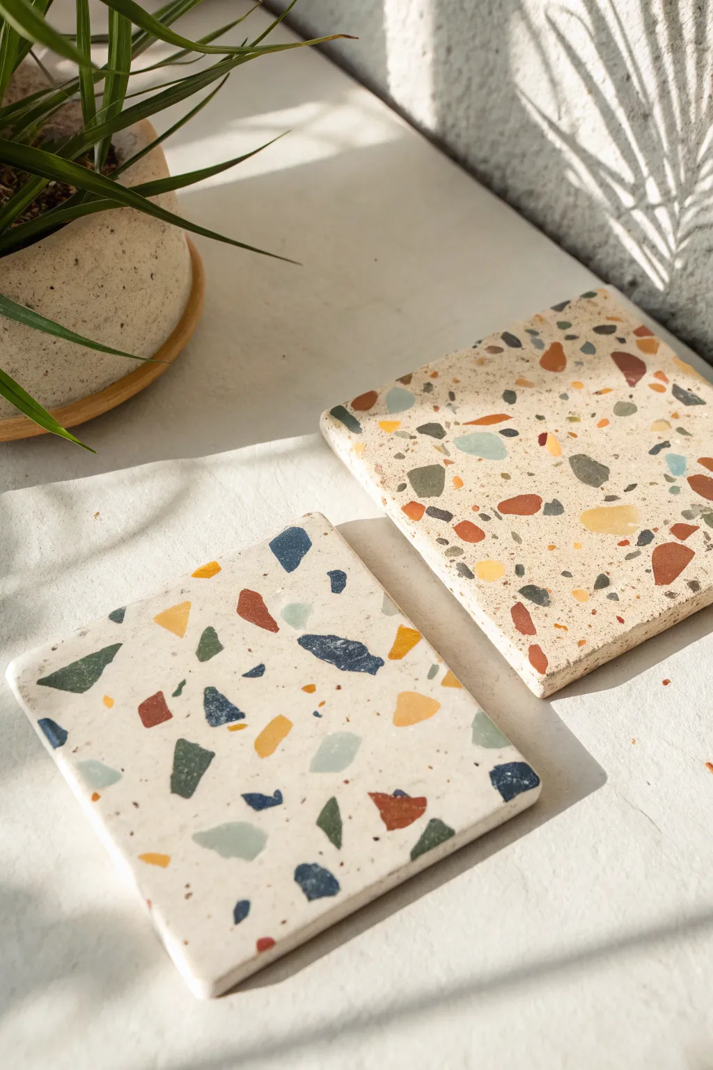 Minimal faux terrazzo clay tiles in bold boho colors, crisp edges, and clean Scandinavian styling.