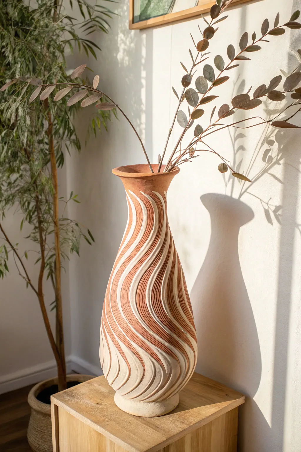 Swirl-and-twist air-dry clay vase with hand-formed ridges, bold matte finish, and a few stems.