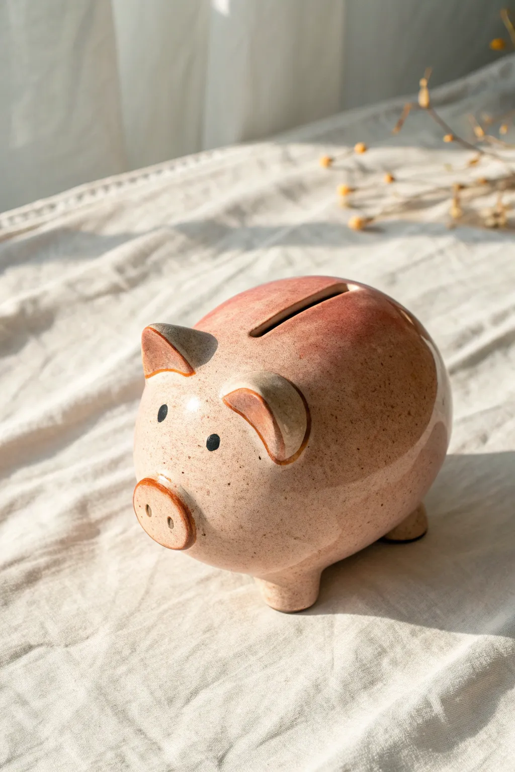 Easy-access piggy bank with removable belly stopper, minimalist boho clay charm in coral glaze
