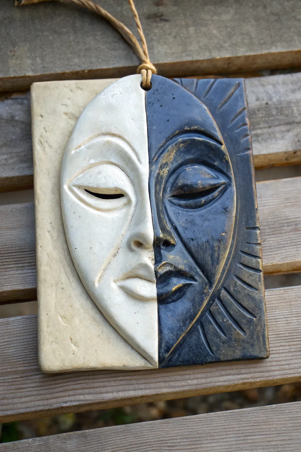 Two-faced ceramic mask tile with calm and warped halves, bold shadows, minimalist boho styling.