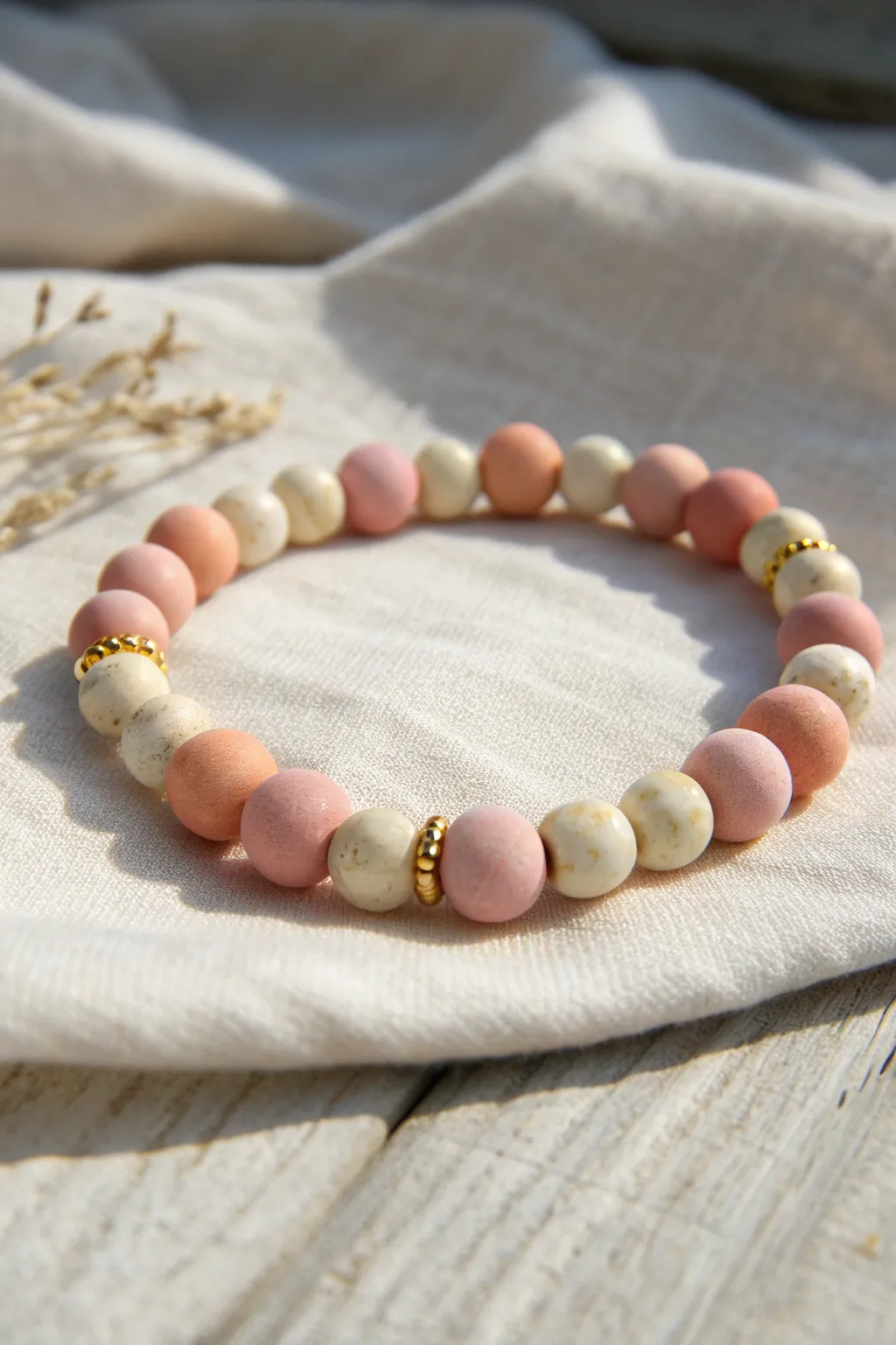Gingham sweet pastels in blush, white, and sand for a charming clay bead bracelet look.
