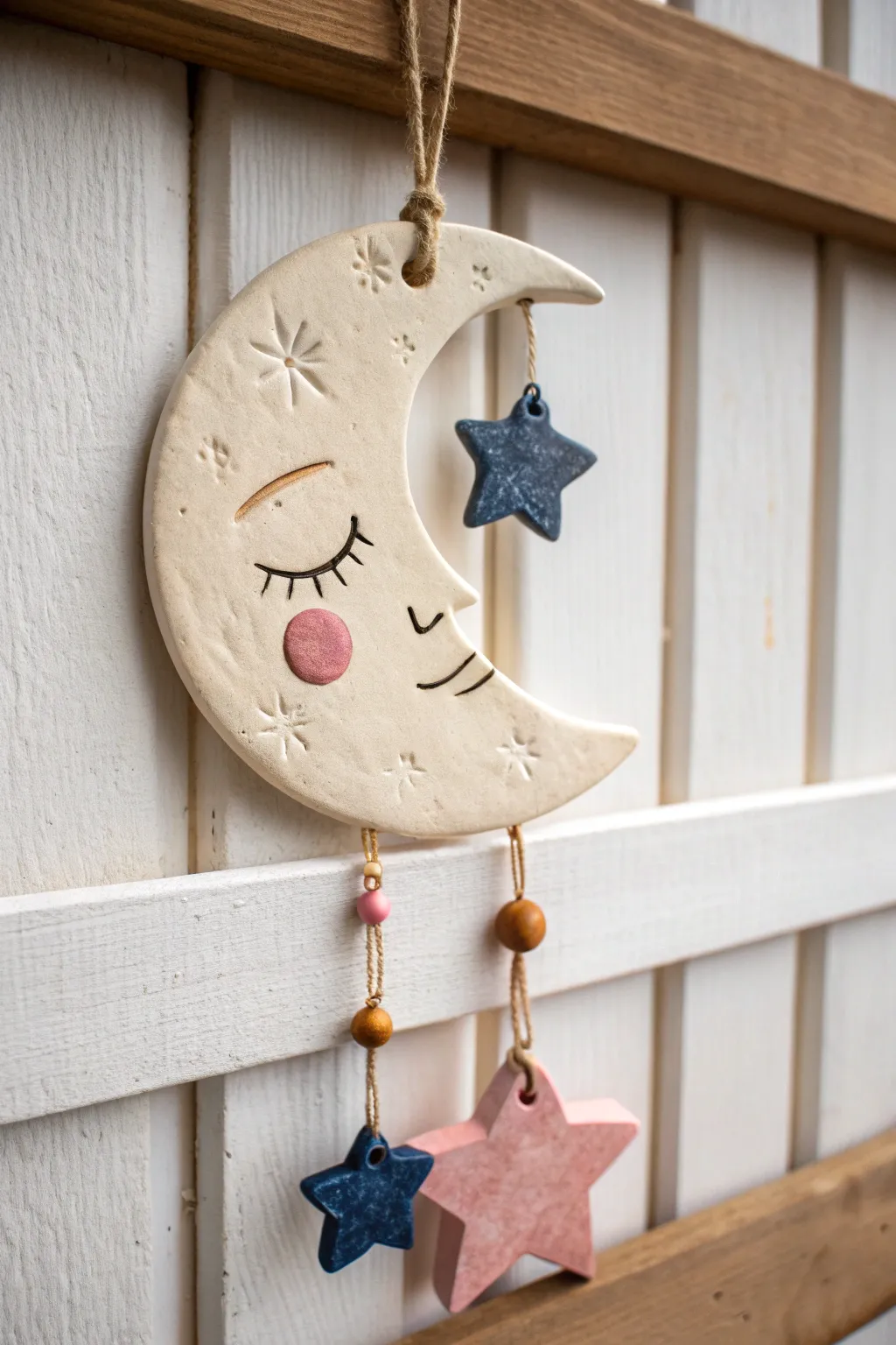 Sleepy crescent moon air-clay wall hanging with dangling stars, minimal boho charm.