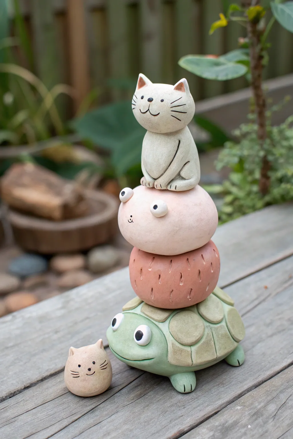 Whimsical stacked air dry clay animal totem in soft pastels with a bold earthy accent