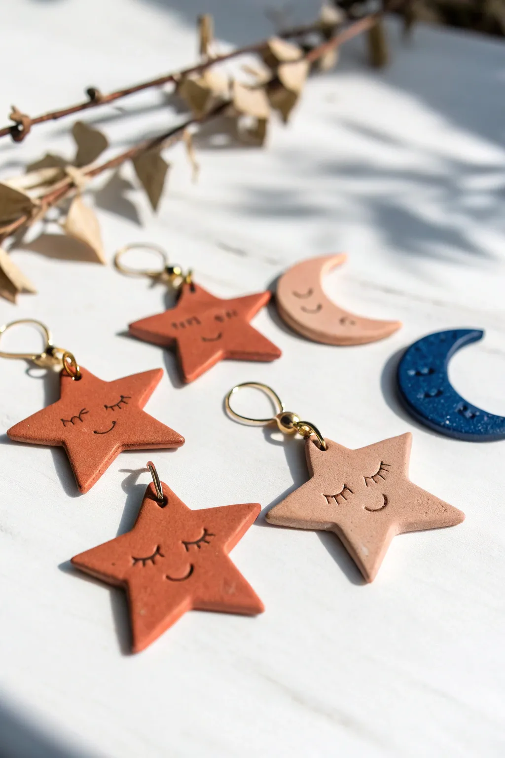 Beginner-friendly air dry clay star and moon charms with sleepy faces in bold minimal style