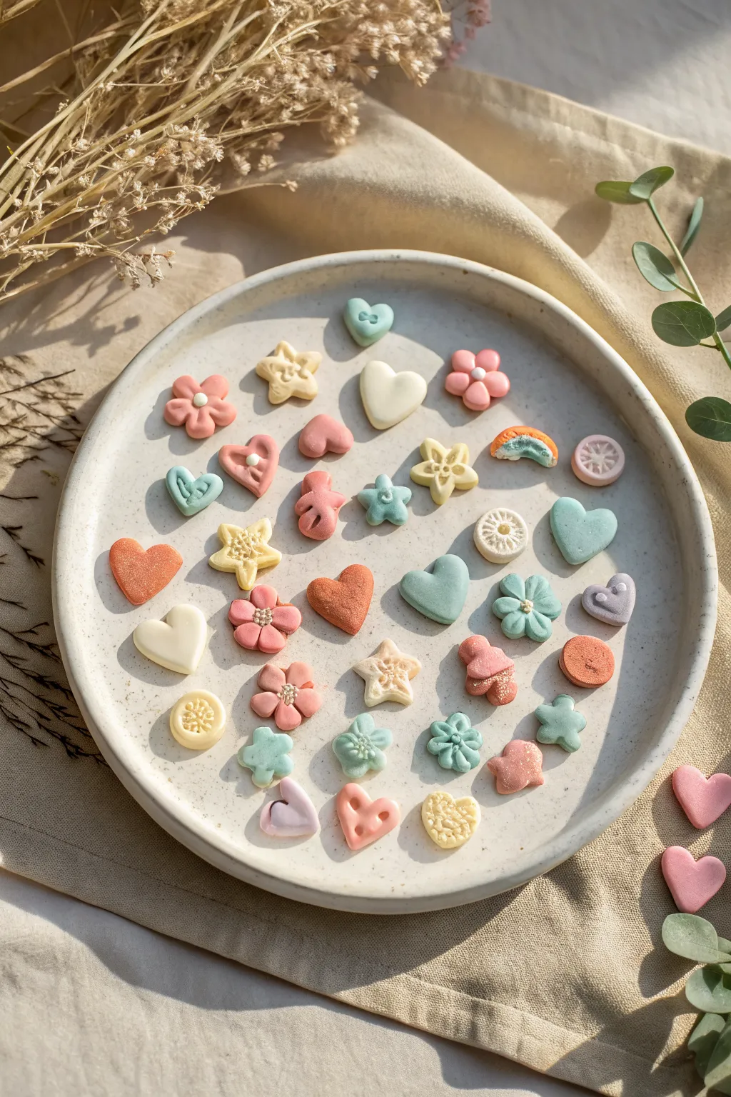 Pastel mini air dry clay icons on a sleek white platter, cute Pinterest inspiration in one shot.