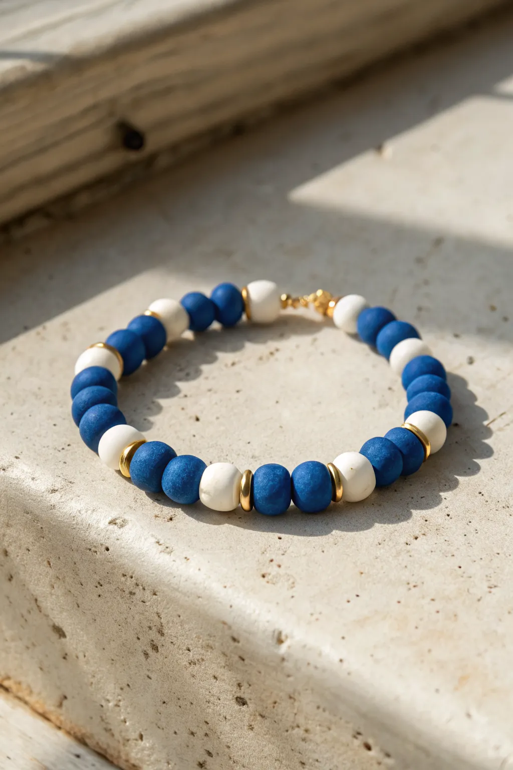 Blue, white and gold clay bead bracelet with a beach coordinate color code, clean and sunlit