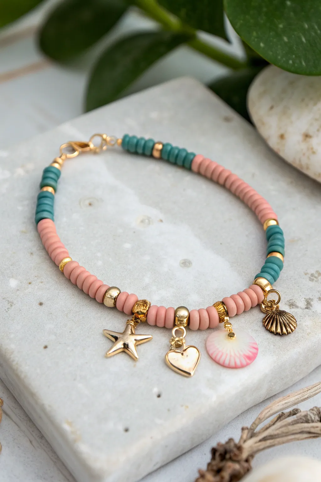 Petite charm cluster meets bold heishi colors for an easy bracelet with one playful dangly moment.