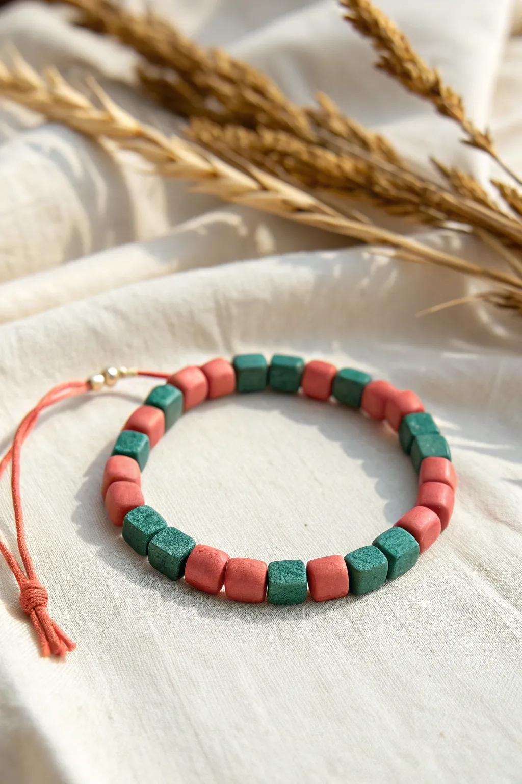 Mini checkerboard clay bead bracelet in bold coral and teal, clean and easy DIY look