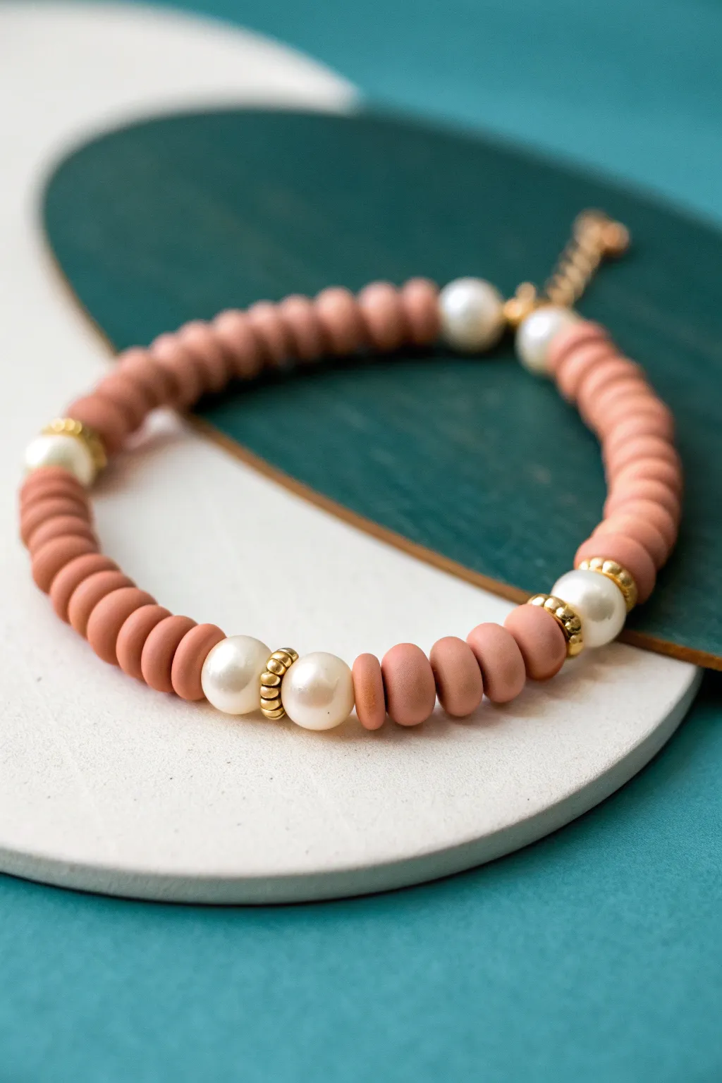 Pearl-and-clay bracelet stack vibe: soft matte discs, gold spacers, and bold teal contrast.