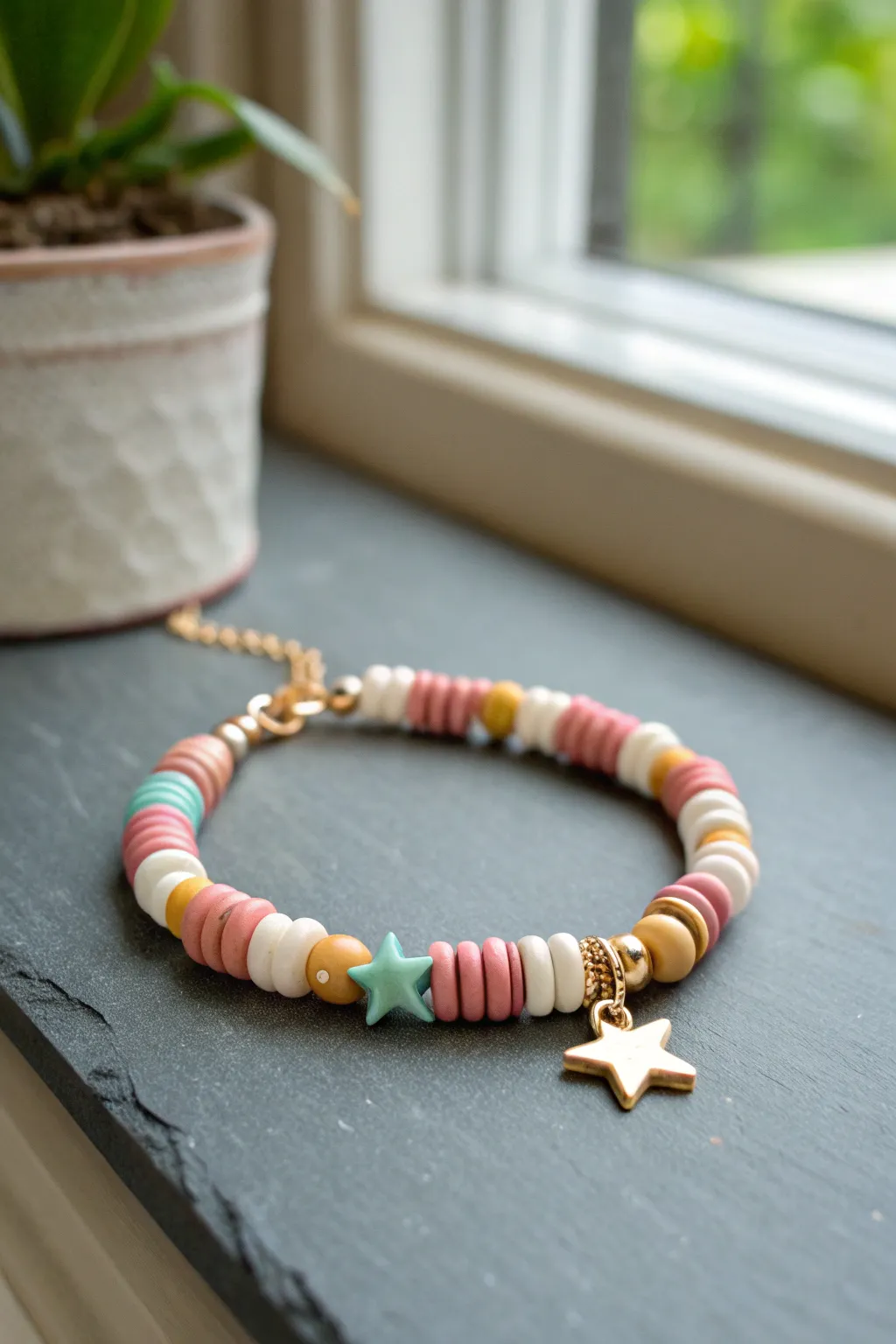Cute mixed-shape clay bead bracelet: heishi discs with tubes and stars for playful texture.