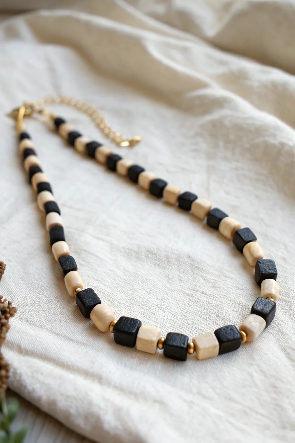DIY clay bead necklace with bold checkerboard sections for a modern Scandi-boho look