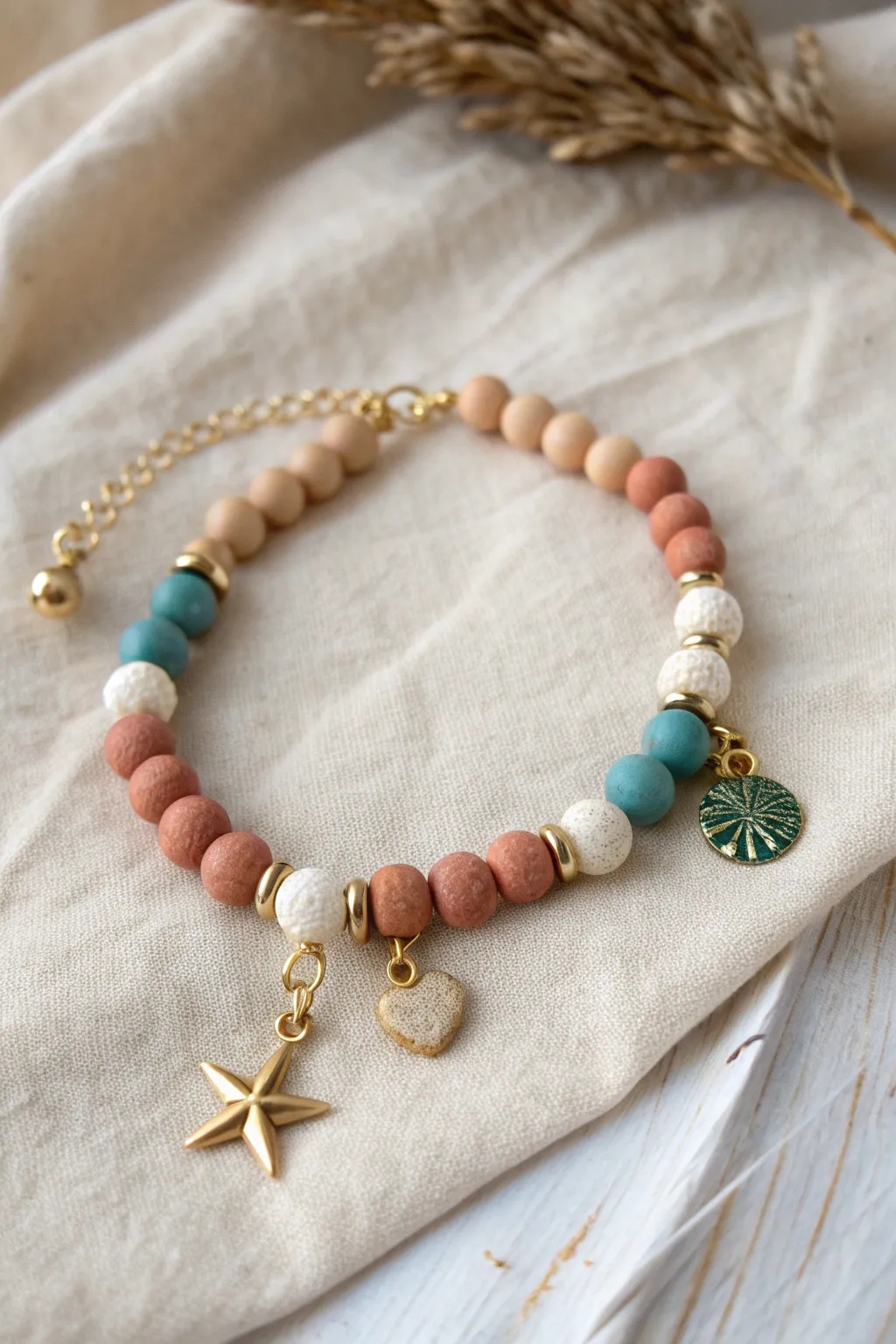 Tiny charm cluster bracelet in blush and terracotta with a bold teal pop, simple and sweet.