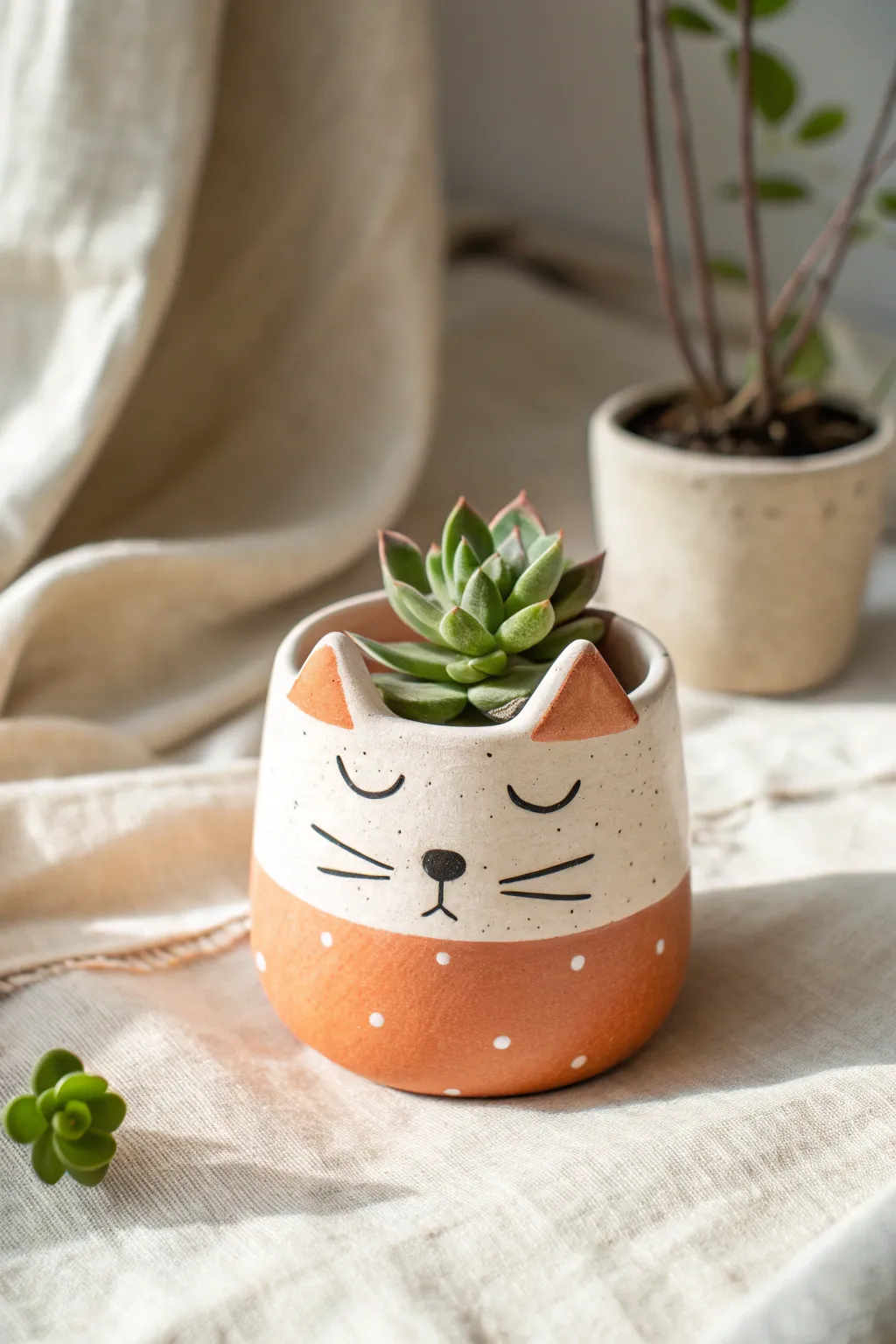Chunky mini cat planter with pointy ears and a tiny succulent, perfect for cute clay ideas.