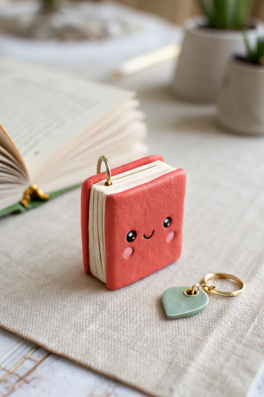 Mini clay book charm with a peekaboo bookmark, styled simply for cozy cute charm inspiration.