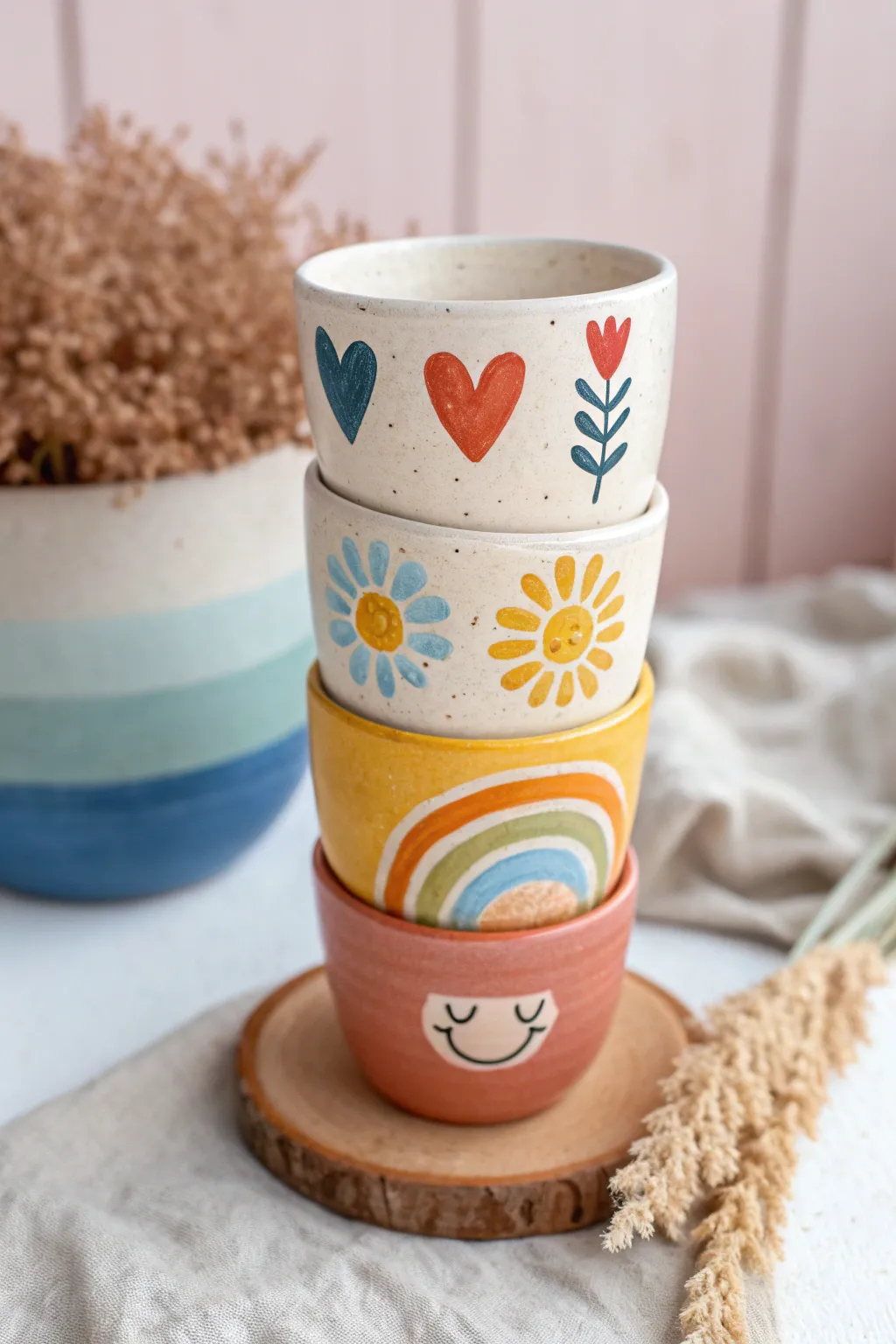 Stackable mix-and-match clay cups with tiny motifs, perfect for cute and cozy coffee moments