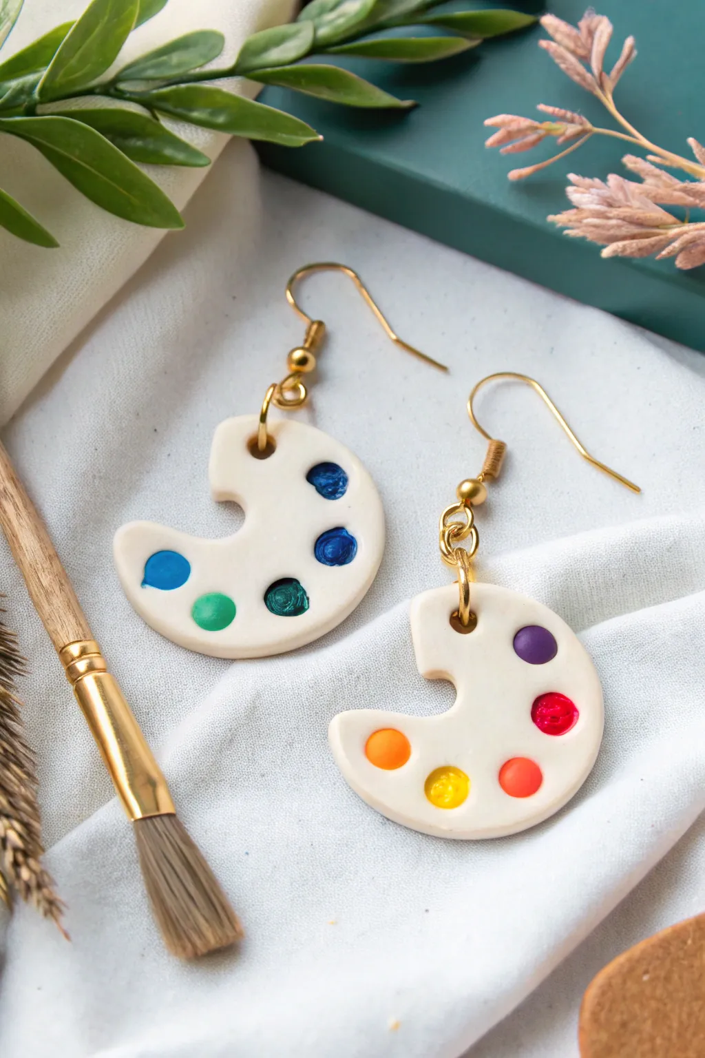 Mismatched artist palette and tiny brush clay earrings, bold paint dots with minimalist charm.