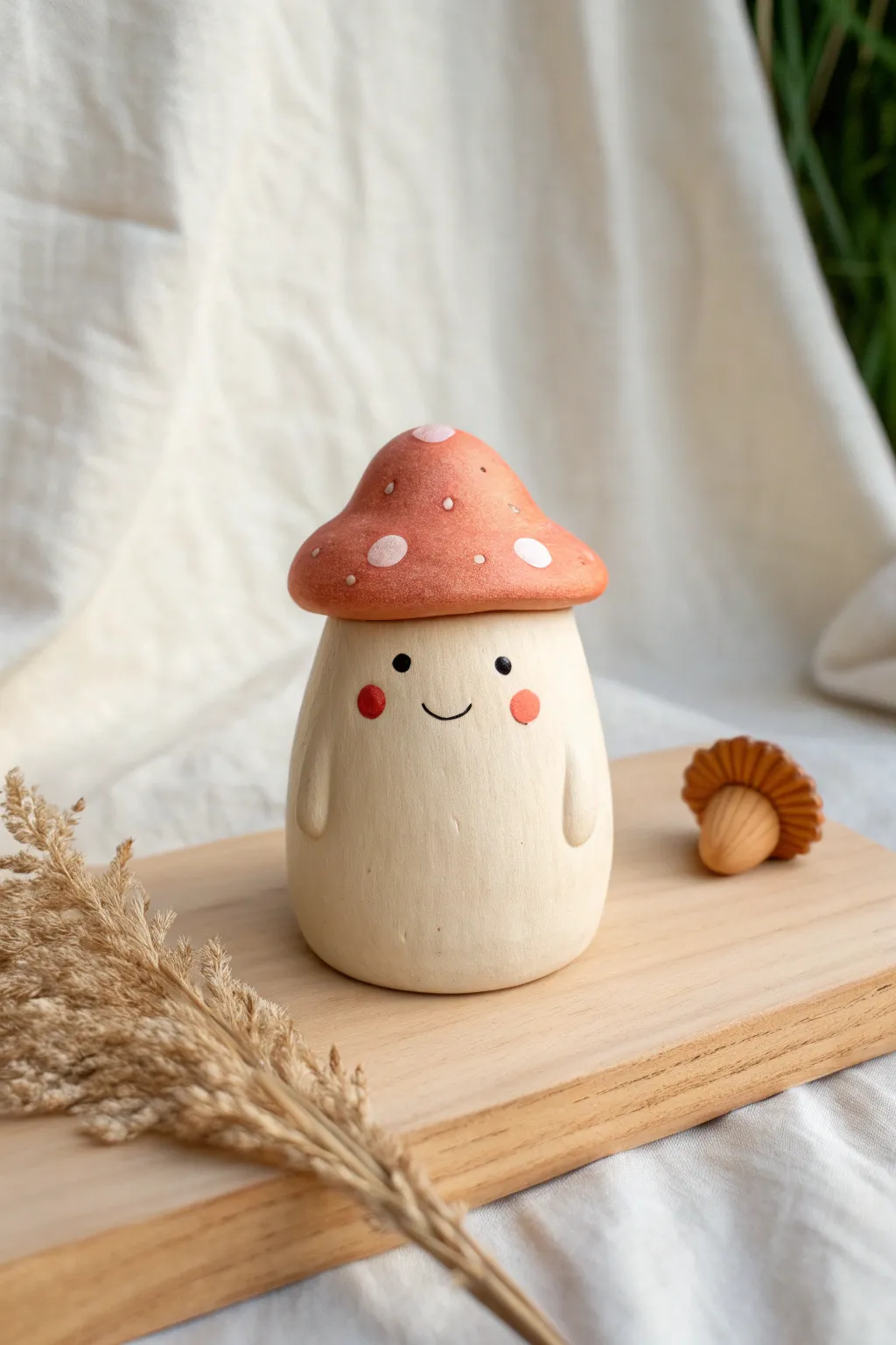Make a mystery blob spirit with a tiny hat, soft Scandinavian tones, bold pop of color