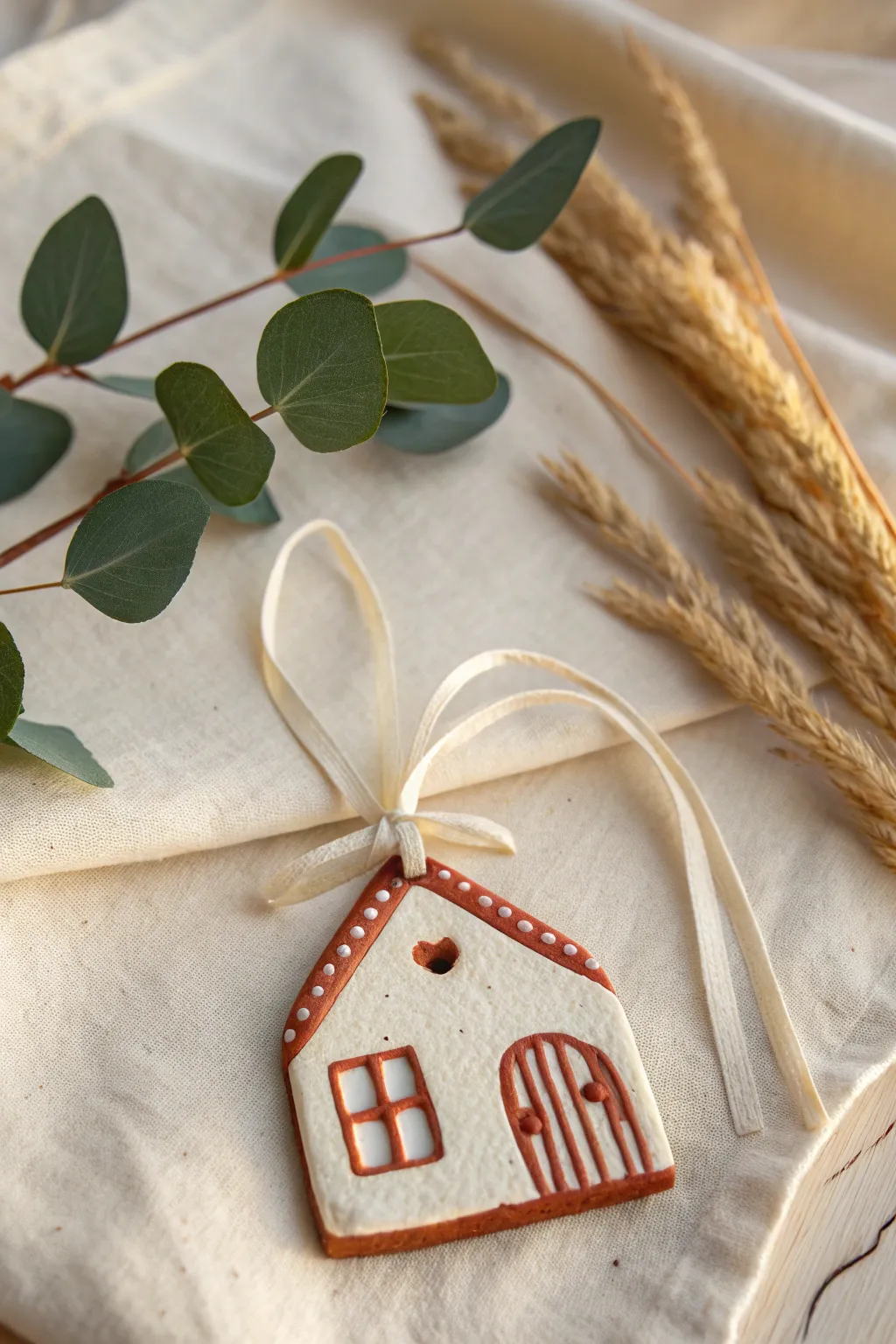 Handmade clay mini house ornament with ribbon, minimalist boho styling for cute gifting.