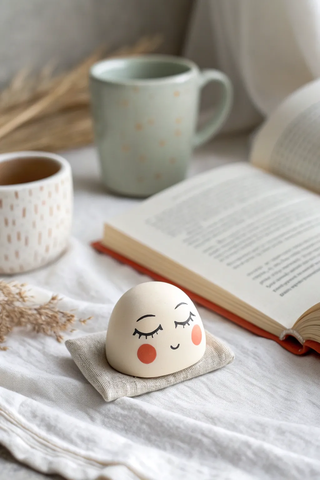 Sleepy clay page holder for cozy reading vibes, minimalist and cute with a soft boho touch