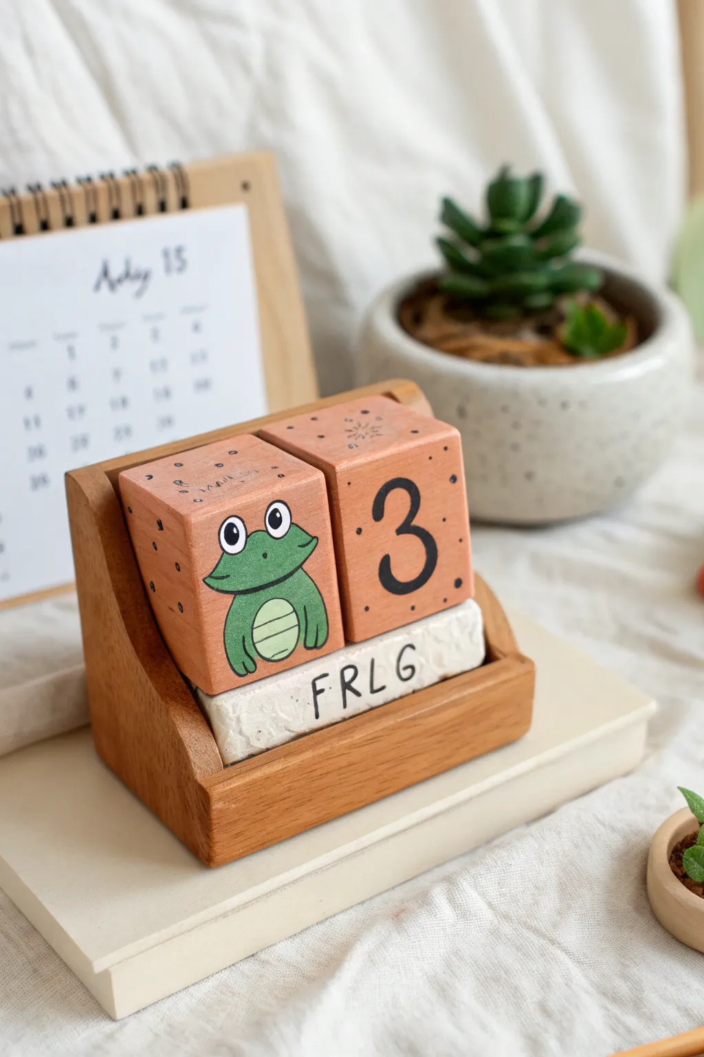 Tiny clay calendar block with a sweet frog face, Scandi minimal desk styling and bold color pop