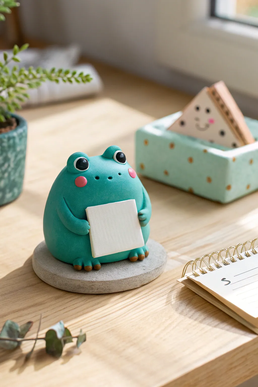 Chubby clay frog desk sign holder with a blank mini card, minimalist boho desk decor