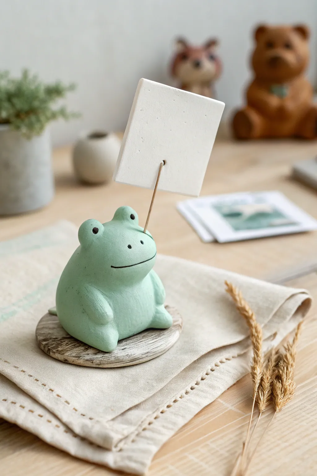 Beginner-friendly mini clay frog holder for photos or notes, cute desk decor with bold contrast