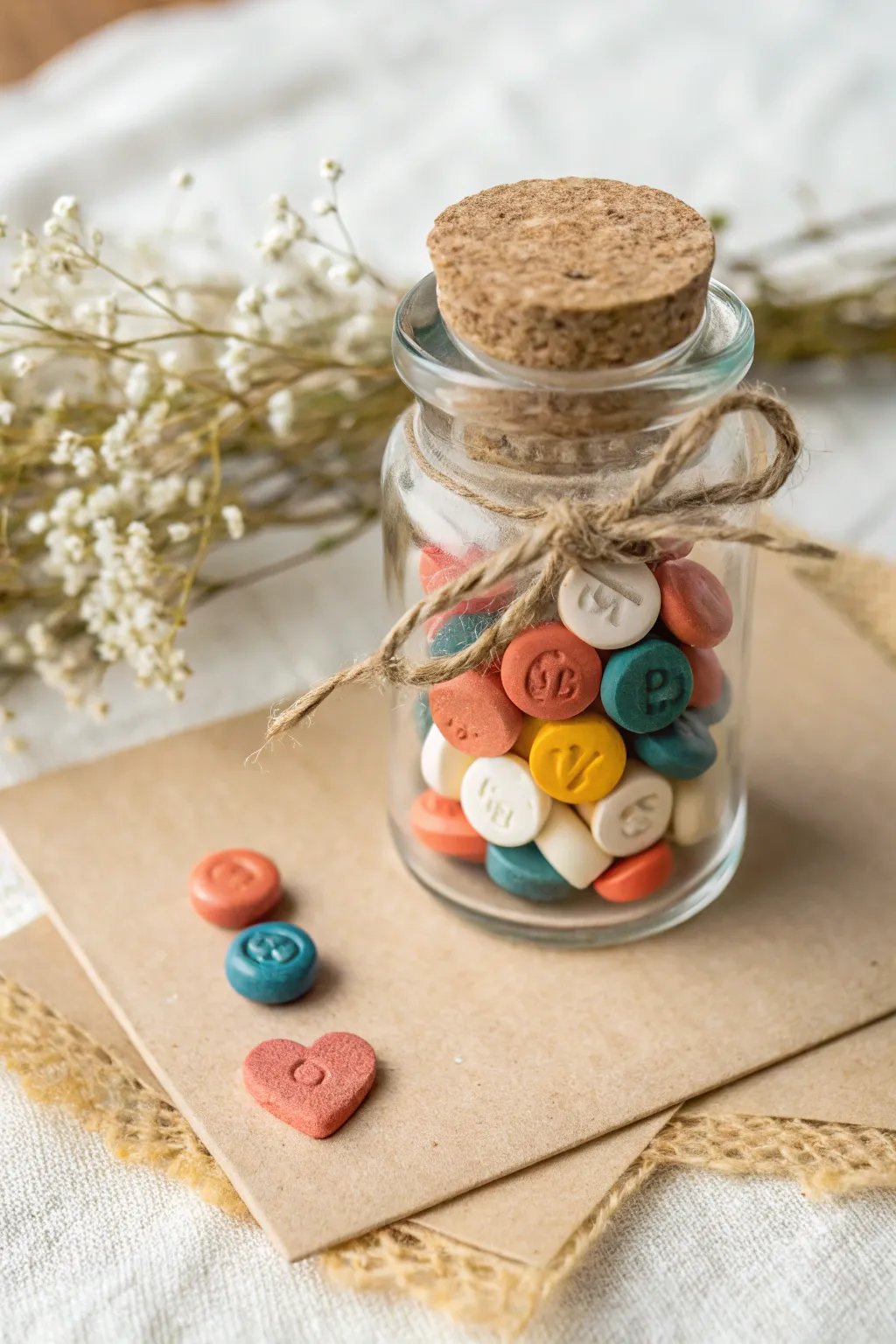 Mini love capsule jar packed with colorful clay charms, a sweet handmade gift for him.