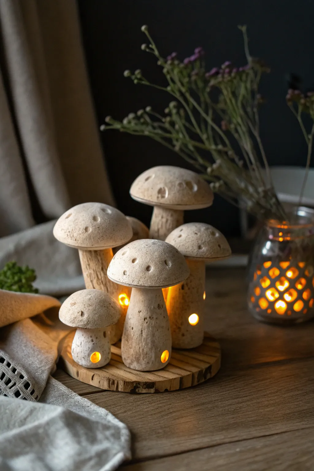Cozy glowing clay mushroom cluster, simple rounded shapes with warm light for magical vibes.