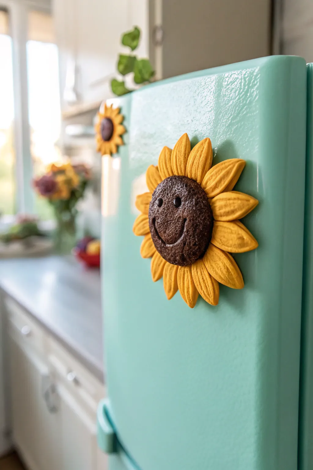 Sunflower smile clay magnet adds a sunny pop of boho color to your minimalist kitchen.