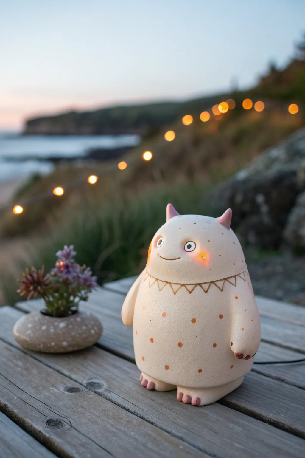 Chubby clay night buddy with subtle glow spots, minimalist and cozy for dreamy bedtime vibes.